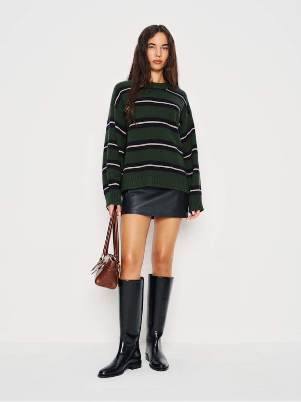 REFORMATION Cove Cashmere Oversized Crew Dark Pine Multi Stripe Green Sweater XS - Picture 4 of 16